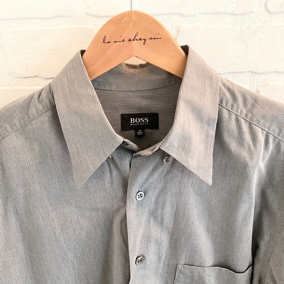 Hugo Boss Men Button down Shirt Designer Luxury Gray Pinstripes L 15.5 - Picture 7 of 13